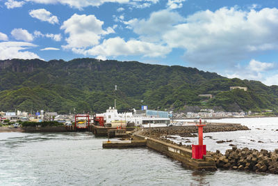 Scenic view of sea and mountains against sky