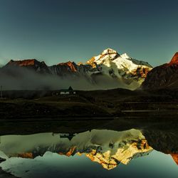 Scenic view of lake and snowcapped mountains against sky