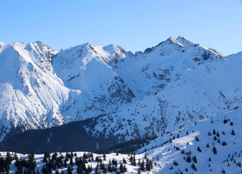 Panoramic view of snowcapped mountains against clear sky