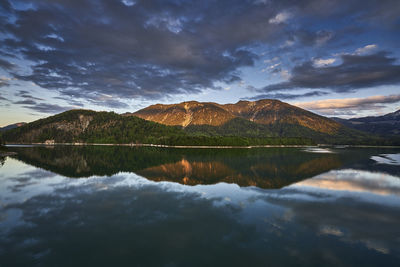 Scenic view of lake and mountains against sky