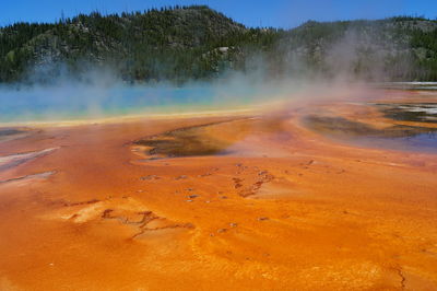 Scenic view of waterfall against sky