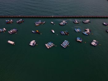 High angle view of boats moored in sea