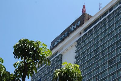 Low angle view of modern building against clear sky