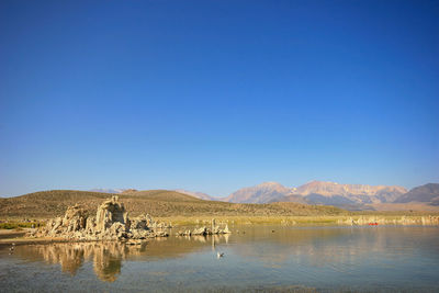 Scenic view of lake against clear blue sky