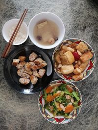 High angle view of food served on table