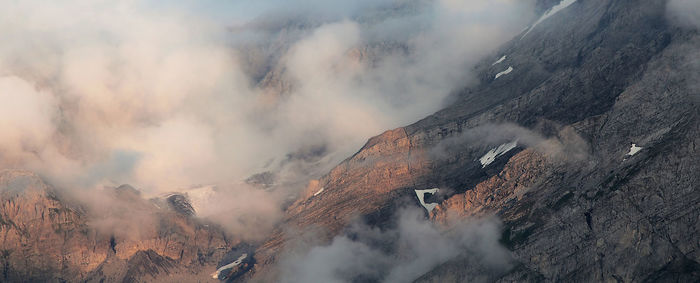 Smoke emitting from volcanic mountain against sky