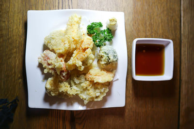 High angle view of breakfast served on table