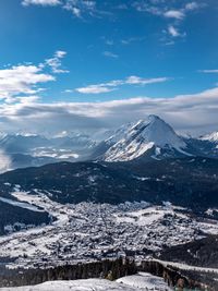 Scenic view of snowcapped mountains against sky