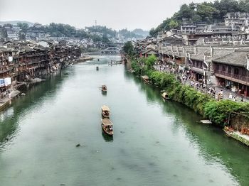 High angle view of boats in river