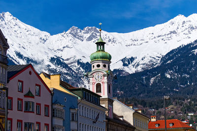 High angle view of buildings against sky during winter