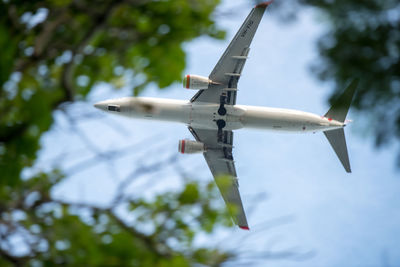 Low angle view of airplane flying against sky