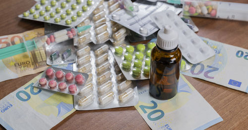 High angle view of medicines on table