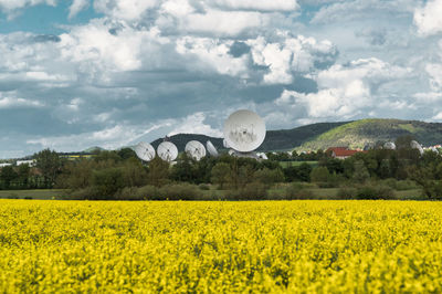 Scenic view of field against cloudy sky