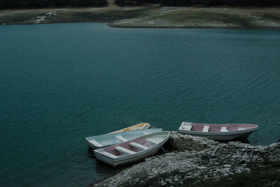 High angle view of ship moored on shore