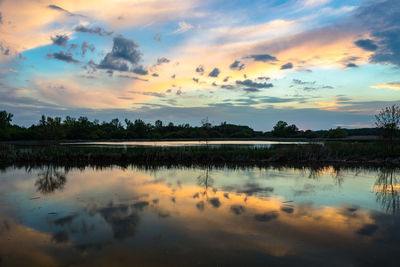 Scenic view of lake against sky at sunset