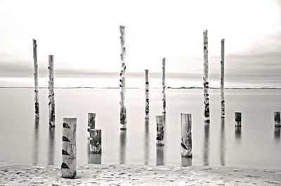Wooden posts on beach against sky during winter