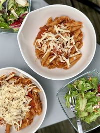 High angle view of meal served on table