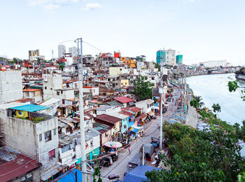 High angle view of buildings in city against sky