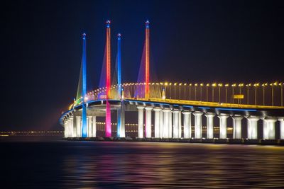 Light trails on bridge in city at night