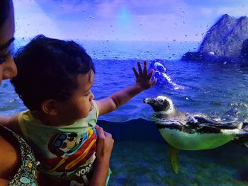 Boy swimming in water at aquarium