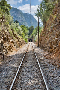 Railroad track amidst trees against sky