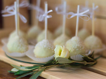 Close-up of white cake on table