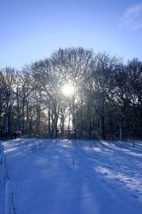 Snow covered landscape against clear blue sky