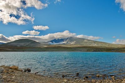 Scenic view of lake against blue sky