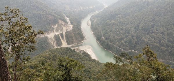 Panoramic view of trees and mountains during foggy weather