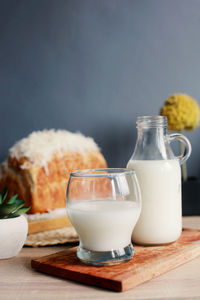 Close-up of milk and bread on table