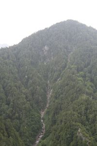 High angle view of trees and mountains against sky