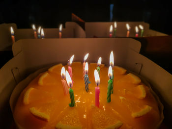 Close-up of lit candles on table