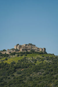 Low angle view of castle against clear blue sky