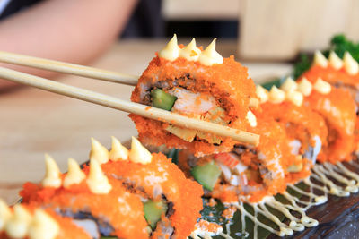 Close-up of sushi served in plate