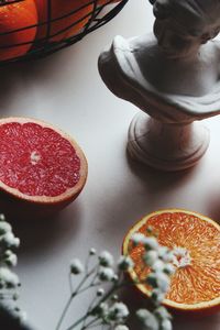 High angle view of fruits in glass on table