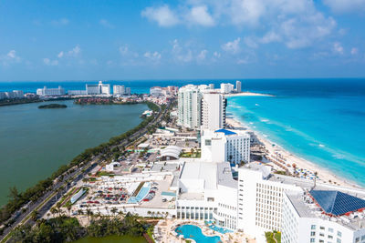 Aerial view of the luxury hotels in cancun