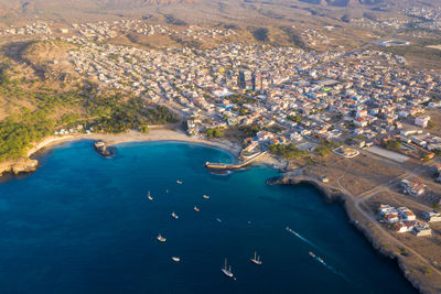 High angle view of boats on beach