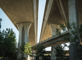 Low angle view of bridge and buildings against sky