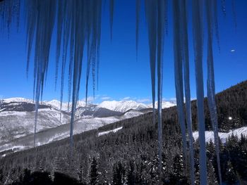 Low angle view of icicles against snow covered mountain