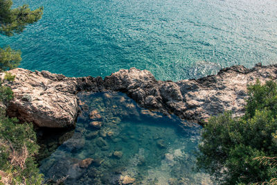 High angle view of rocks on sea shore