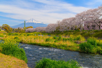 Scenic view of river by mountains against sky