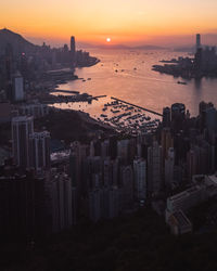 High angle view of buildings in city during sunset