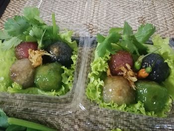 High angle view of salad in plate on table