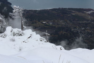 Scenic view of snow covered mountains