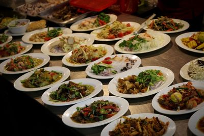 High angle view of food served on table