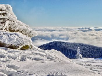 Scenic view of snow covered mountains against sky