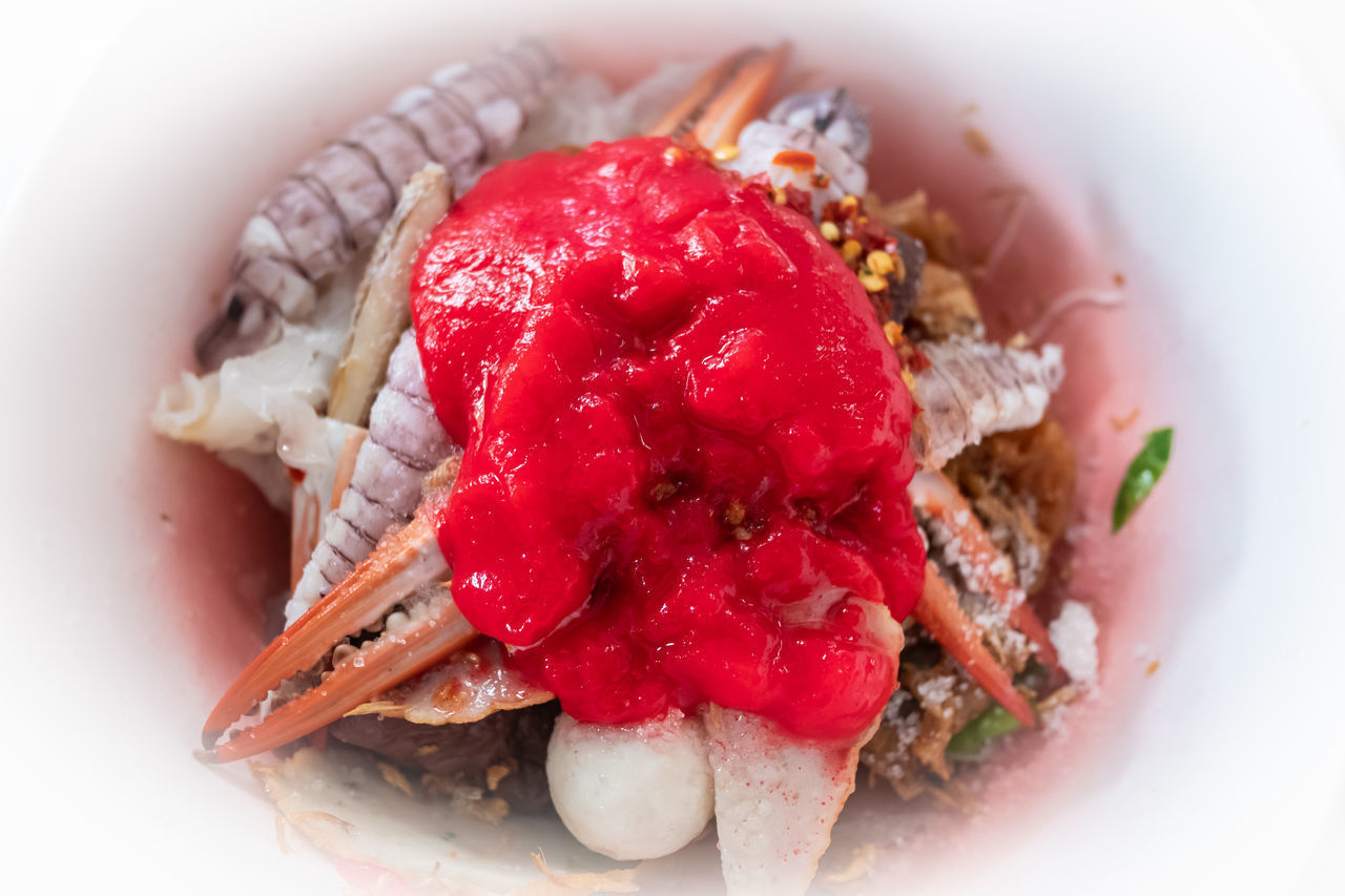 HIGH ANGLE VIEW OF STRAWBERRY AND ICE CREAM IN PLATE