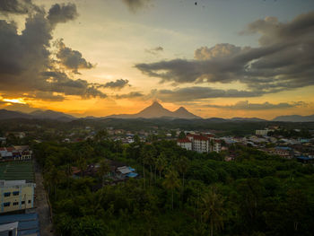 High angle view of townscape against sky during sunset
