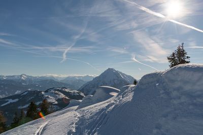 Scenic view of snowcapped mountains against sky