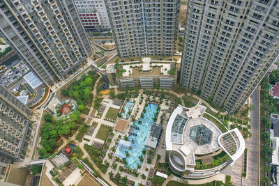 High angle view of buildings in city